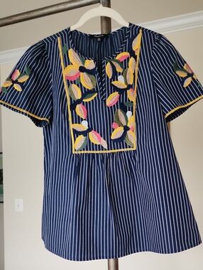 Madewell Navy Striped Embroidered Peasant Top